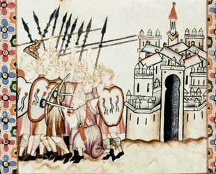 Esercito dei Mori che difende una città. Dettaglio di una pagina tratta da un manoscritto delle Cantigas de Santa Maria, decorato con miniature dedicate a Santa Maria e ai suoi miracoli, una raccolta di canti redatta sotto il regno di Alfonso X il Saggio