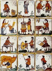 Mestieri artigianali: calzolaio, bottaio, fabbricante di cesti di vimini, vinificatore, disegnatore, musicista, mungitura delle mucche, arrotino, contadino, ebanista. Piastrelle in ceramica catalana (Spagna)