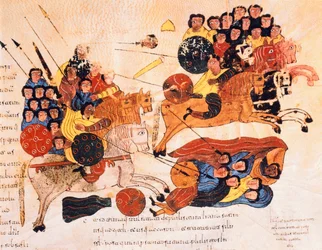 Battaglia tra gli ebrei e i filistei, dalla Bibbia Visigota-Mozarabica di San Isidoro, fol.119r., A.D. 960
