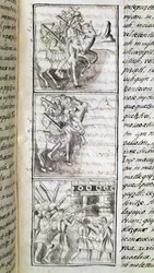 Codice della conquista del Messico: gli spagnoli pronti ad attaccare la città di Tenochtitlan. Miniatura del manoscritto fiorentino 