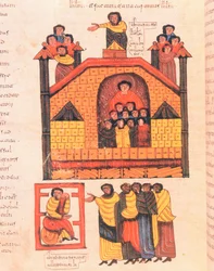 Conquista di Gerusalemme da parte di Nabucodonosor e il profeta Geremia che riceve i dignitari della città, fol.283v., dalla Bibbia Visigota-Mozarabica di San Isidoro, A.D. 960