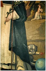 (dettaglio) che mostra il giglio, il bastone e il cane con la torcia, attributi di San Domenico