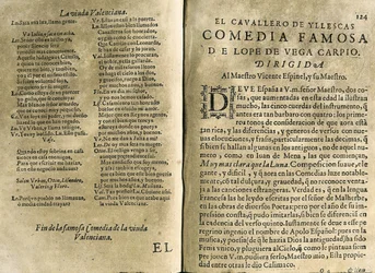 ESPINEL, Vicente (1550-1624). Musicista e poeta classico spagnolo.; VEGA CARPIO, Felix Lope de (1562-1635). "El cavallero de Yllescas", commedia inclusa in "Parte catorze de las comedias de Lope de Vega", raccolta pubblicata a Madrid dalla vedova di Fernan