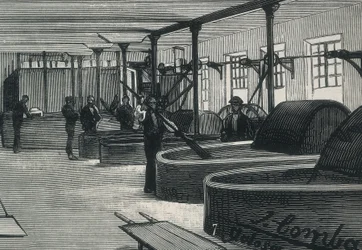 Economia (XIX secolo). Fabbrica di carta in Spagna "La Guipuzcoana". Sala dei cilindri e lavanderia della fabbrica situata a Tolosa (Guipuzcoa). Incisione