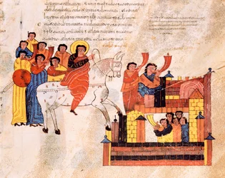 Ingresso del re Davide a Gerusalemme al suono delle trombe, dalla Bibbia visigoto-mozarabica di sant