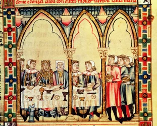 Fol.16v Banchetto di fidanzamento, dal manoscritto realizzato sotto la direzione di Alfonso X Il Saggio Re di Castiglia e León