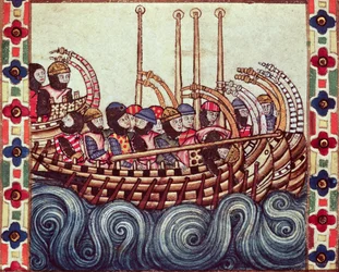 Fol.53r Partenza di una barca per le Crociate, scritto in galiziano per Alfonso X (1221-84)
