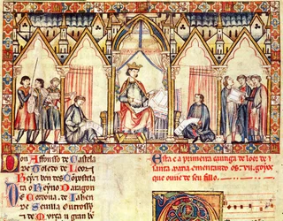 La corte di Alfonso X il Saggio, miniatura dalle Cantigas de Santa Maria