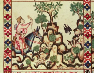 Fol.64r La caccia al falcone, dal manoscritto realizzato sotto la direzione di Alfonso X Il Saggio Re di Castiglia e León