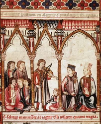 Gruppo di trovatori, illustrazione dalle Cantigas de Santa Maria, realizzata sotto la direzione di Alfonso X