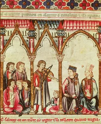 Gruppo di trovatori, illustrazione dalle Cantigas de Santa Maria, realizzata sotto la direzione di Alfonso X (Il Saggio) re di Castiglia e León (1221-84)