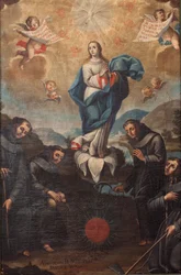 Immacolata Concezione con orticoltori francescani. Origine del coro. Firmato in basso a sinistra "ADEVOZION DE DA TERESA, Sanchez Yepros?". XVIII secolo. Juan Sánchez.