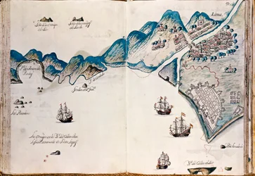 Mappa di una parte della Nuova Spagna, della costa del Perù e della città di Lima, da «Mapas de las costas de América en el mar del Sur, desde la última población de españoles en ellas, que es la ciudad de Compostela, en adelante»