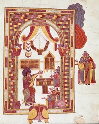 Arte mozarabica: il tempio di Gerusalemme, Aronne è rappresentato come sommo sacerdote davanti a un altare