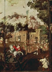 Pannello di un paravento pieghevole che raffigura una serie di case di pietra con indiani che danzano in celebrazione