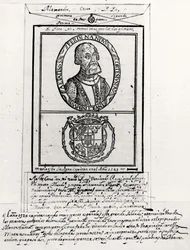 Ritratto di Hernando Cortes (1485-1547) e le sue armi