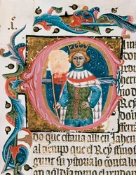 Ritratto di re in una cassetta delle lettere. Miniatura dal manoscritto Cronaca dei Conquistatori