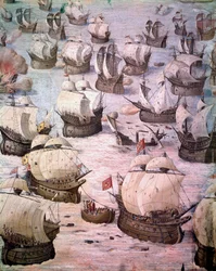 Regata di galeoni spagnoli durante una spedizione alle Azzorre nel 1582 sotto Filippo II, Re di Spagna. Affresco del XVI secolo