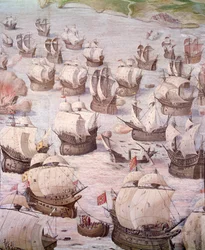 Regata di galeoni spagnoli durante una spedizione alle Azzorre nel 1582 sotto Filippo II, re di Spagna. Affresco del XVI secolo. Sala delle Battaglie, Palazzo dell