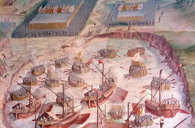 Regata di galeoni spagnoli durante una spedizione alle Azzorre nel 1582 sotto Filippo II (1527-1598), Re di Spagna. Affresco del XVI secolo. Sala delle Battaglie, Palazzo dell