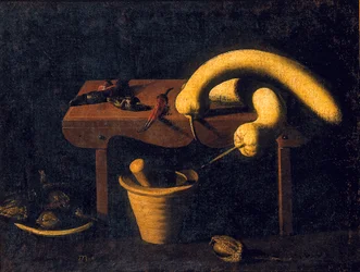 Natura morta con peperoni e zucche su una panca con mortaio e pestello e uccelli morti, c.1620