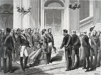 Il re di Spagna Amedeo I (Amedeo Ferdinando Maria di Savoia) (1845-1890) e sua moglie la regina Maria Vittoria dal Pozzo della Cisterna (1847-1876) al loro arrivo al Palazzo Reale di Madrid il 19/03/1871. Incisione da "La Ilustracion Espanola y America"