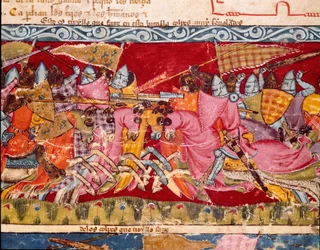 Guerra di Troia: battaglia tra Greci e Troiani. Dettaglio di una miniatura dal manoscritto spagnolo "Codex Benito de Santa Mora"