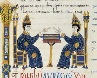 Due vescovi cattolici seduti davanti a un manoscritto, miniatura dalle Glosas Emilianenses, 992-994