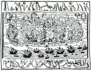 Veduta di Lisbona dal Libro de Grandezas y cosas Memoralder de Espana di Pedro Medina, 1548