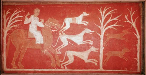 Scena di caccia che raffigura cani che inseguono la selvaggina, 1150. Affresco dall