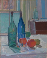 Bottiglie blu e verdi e arance