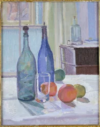 Bottiglie blu e verdi e arance