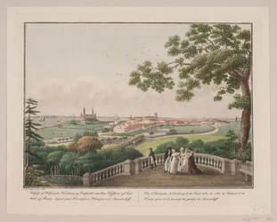 Veduta di Helsingør, Kronborg e Øresund tra le coste di Sjælland e Skåne. Disegnato sulla terrazza nel giardino di Marienlyst