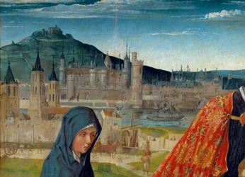 La pietà di Saint Germain des Pres (Saint-Germain-des-Pres). Dettaglio che raffigura il Louvre sotto Carlo V. Dipinto del Maestro di Saint Germain des Pres (attivo intorno al 1500). Dim. 0,97x1,98 m.