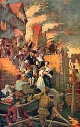 Il grande incendio di Londra del 1666, illustrazione da «The Story of the British Nation» di Hutchinson, 1920 circa