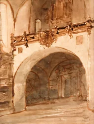 Interno della chiesa. Vista sul vestibolo e sul coro musicale