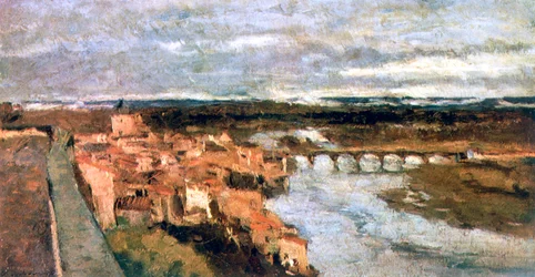 Paesaggio con villaggio e ponte