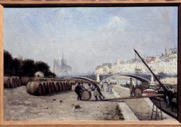 La Senna al Ponte Sully, il porto del vino, il Quai Saint Bernard. Dipinto di Stanislas Lepine (1835-1892). 1882-1885. Collezione privata