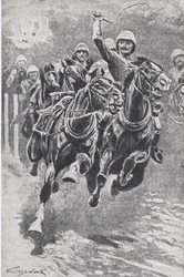 Il tenente Maclaine porta i cannoni a Maiwand, 17 luglio 1880, illustrazione da British Battles on Land and Sea, 1915