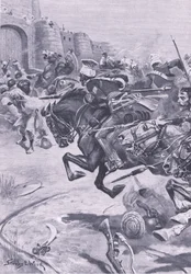 I 16º Lancieri e il Cavallo di Skinner spingono i Jat a Bharatpur; dicembre 1825, illustrazione da British Battles on Land and Sea, 1915