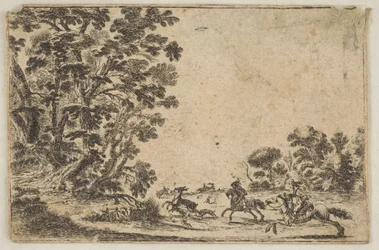 Piatto 4: una caccia al cervo, due cavalieri che galoppano verso destra dietro tre cani, dopo 1642