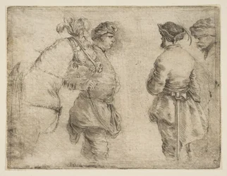 Un polacco che conduce un cavallo per le briglie e parla con altri due uomini