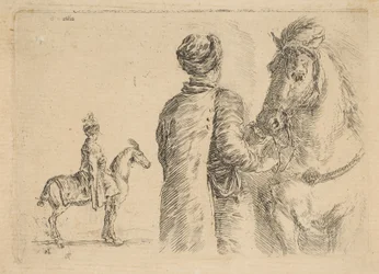 Un groom polacco, di spalle, che tiene un cavallo per le briglie
