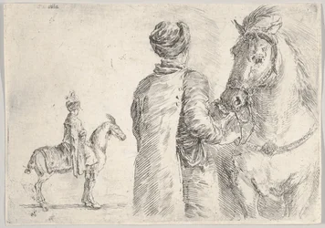 Un valletto polacco, visto da dietro, che tiene le briglie di un cavallo a destra, un cavaliere polacco..., ca. 1662