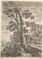 Un pescatore al centro rivolto a sinistra e appoggiato a un grande albero, una donna che cammina..., ca. 1652-57