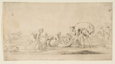 Un pescatore che porta le sue reti, un uomo a sinistra che spinge un balla a destra, due seduti..., ca. 1662