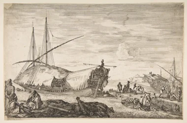 Una galea coperta di vele a sinistra, sei cannoni e quattro persone in primo piano a sinistra, 1655