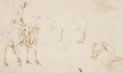 Un cavaliere, una mucca e un uomo che dorme