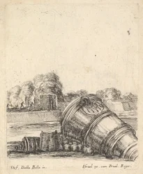 Un mortaio senza carro sdraiato a destra, soldati che sparano canno..., ca. 1638-43