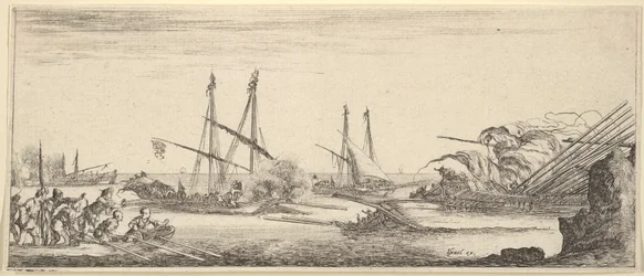 Una battaglia navale, una barca piena di uomini a sinistra, una nave che affonda a destra, due galee in battaglia